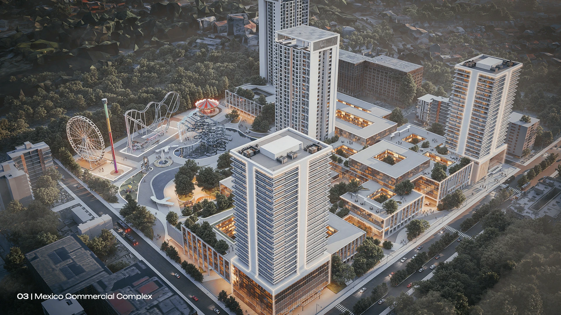 Aerial view of a Yesar mixed-use development