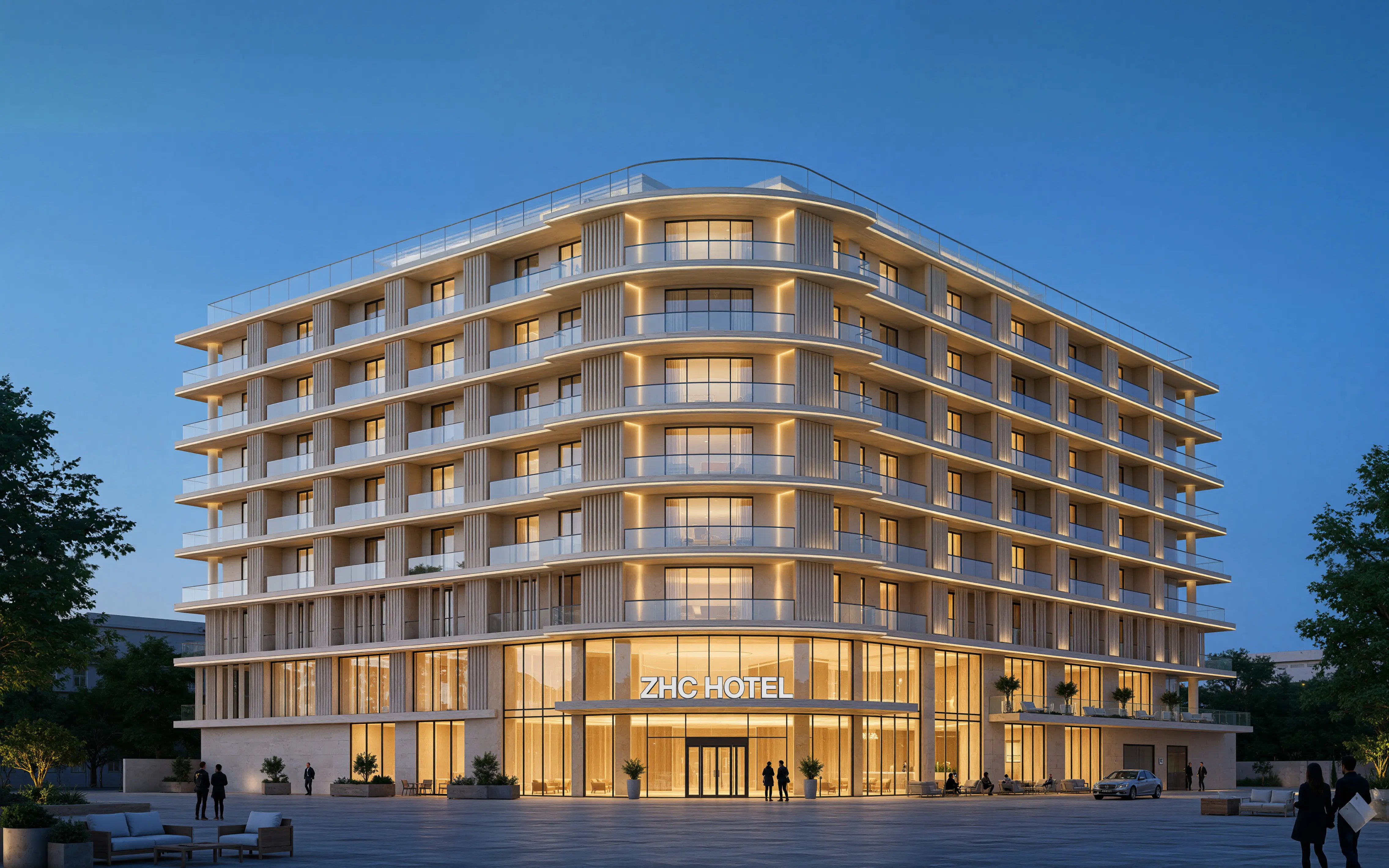 ZHC Hotel exterior at dusk